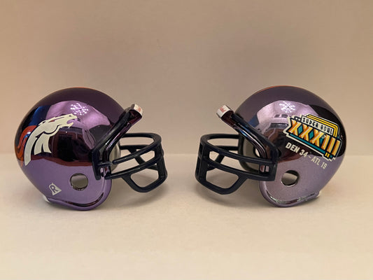 Denver Broncos Riddell NFL Pocket Pro Helmets Super Bowl XXXII and XXXIII Championship Chrome (2 Helmets)  WESTBROOKSPORTSCARDS