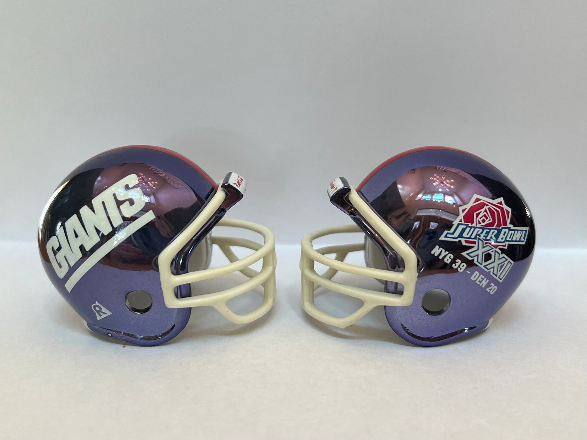 New York Giants Riddell NFL Pocket Pro Helmets Super Bowl XXI and XXV Championship Chrome (2 Helmets)  WESTBROOKSPORTSCARDS