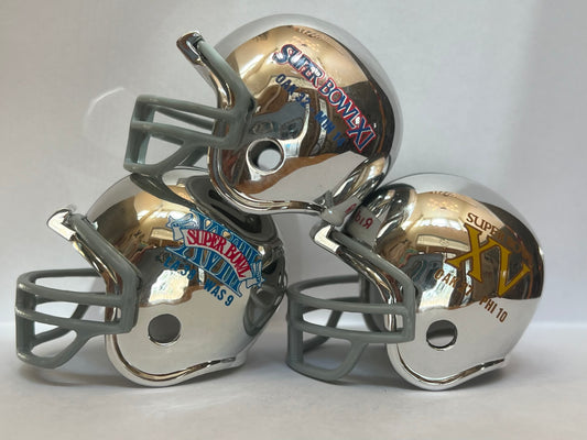 Oakland Raiders Riddell NFL Pocket Pro Helmets Super Bowl XI, XV, and XVIII Championship Chrome (3 Helmets)  WESTBROOKSPORTSCARDS