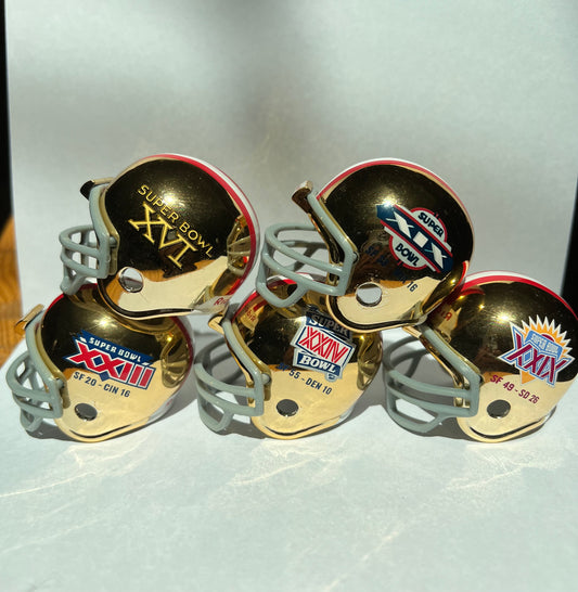 San Francisco 49ers Riddell NFL Pocket Pro Helmets Super Bowl XVI, XIX, XXIII, XXIV, and XXIX Championship Chrome (5 Helmets)  WESTBROOKSPORTSCARDS