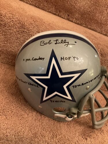 dallas cowboy football helmet and ball Bob Lilly Autographed Stats TK2 Dallas Cowboys Football Helmet Authent – WESTBROOKSPORTSCARDS