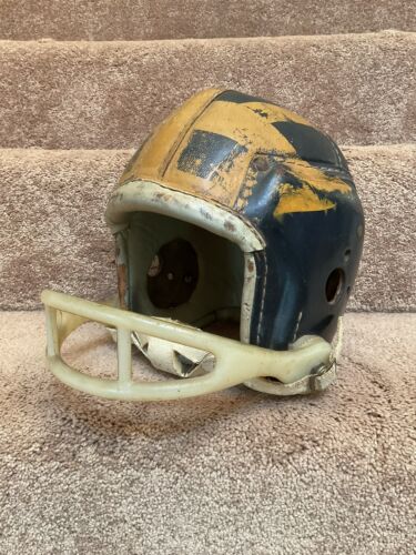 macgregor gold smith helmet MacGregor Authentic H612 Leather Suspension Football Helmet Michigan W – WESTBROOKSPORTSCARDS