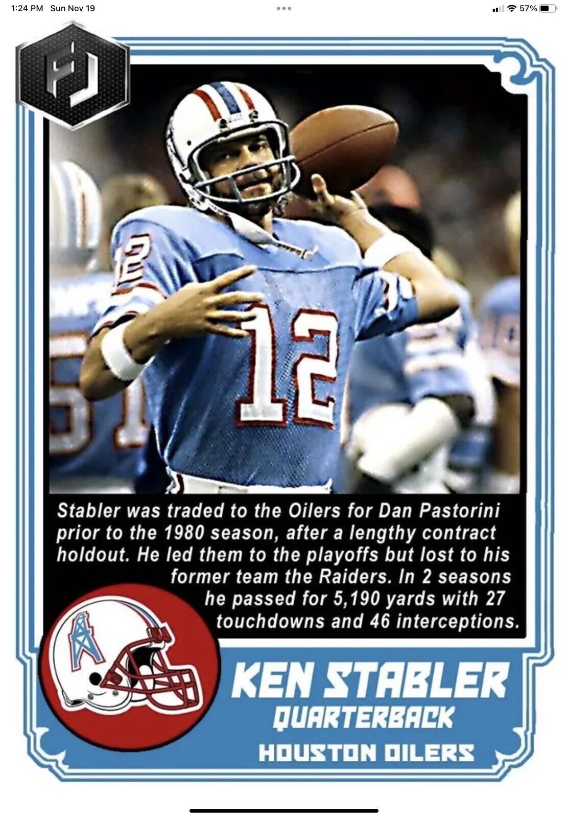 Custom TK2 Style Football Helmet- 1980 Houston Oilers Ken Stabler Sports Mem, Cards & Fan Shop:Fan Apparel & Souvenirs:Football-NFL Riddell