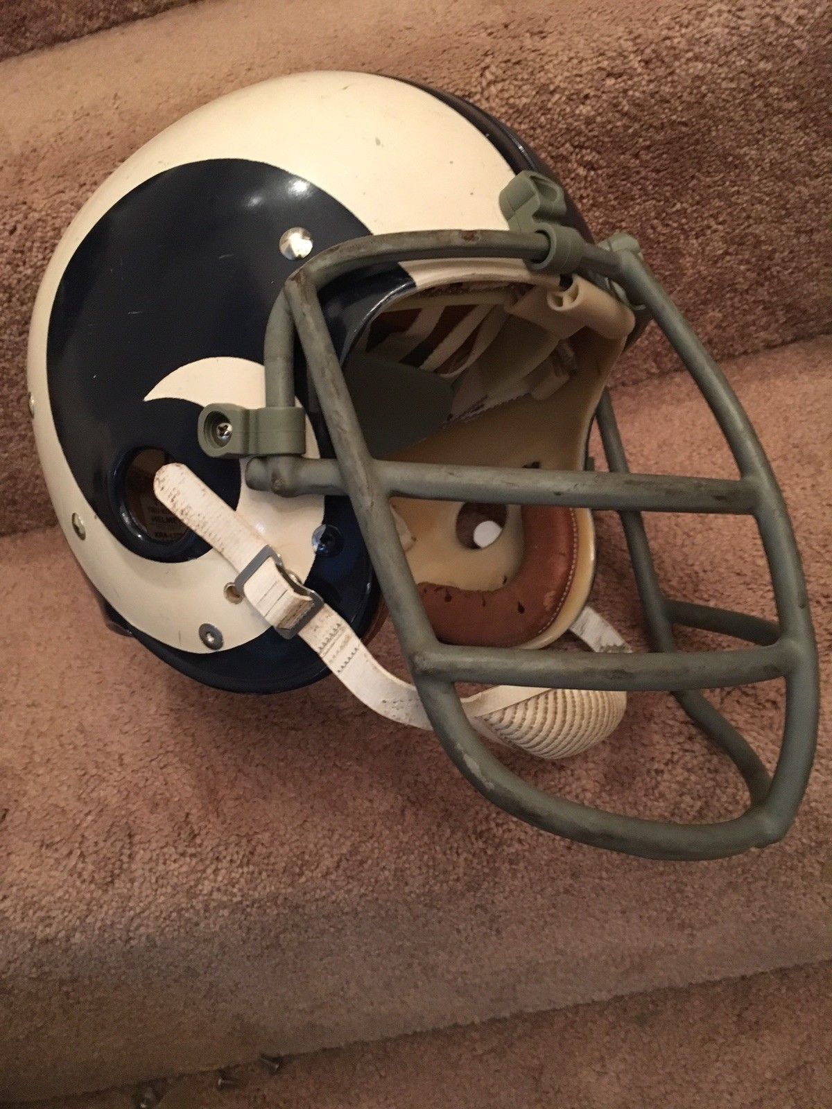 Original Authentic Vintage NFL Riddell Kra-Lite Game Football Helmets circa 1960-1970: Los Angeles Rams Riddell TK2 Football Helmet 1971 Painted Horns Tom Mack RARE! WESTBROOKSPORTSCARDS