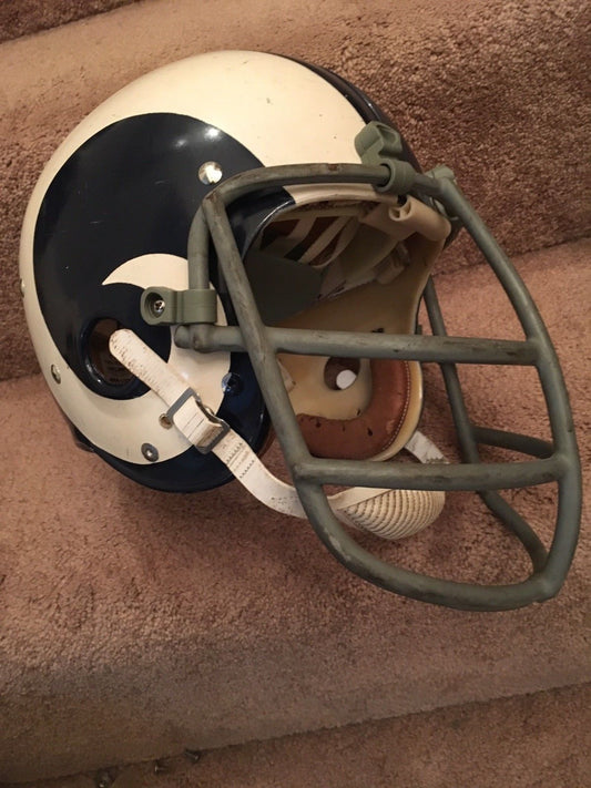 Original Authentic Vintage NFL Riddell Kra-Lite Game Football Helmets circa 1960-1970: Los Angeles Rams Riddell TK2 Football Helmet 1971 Painted Horns Tom Mack RARE!  WESTBROOKSPORTSCARDS   