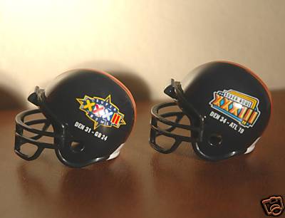 Denver Broncos Riddell NFL Pocket Pro Helmets Super Bowl XXXII and XXXIII Championship (2 Helmets)  WESTBROOKSPORTSCARDS