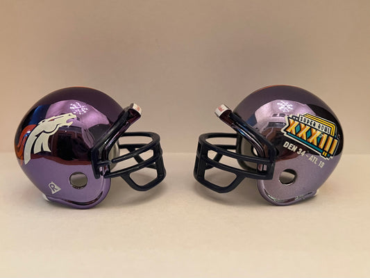 Denver Broncos Riddell NFL Pocket Pro Helmets Super Bowl XXXII and XXXIII Championship Chrome (2 Helmets)  WESTBROOKSPORTSCARDS   