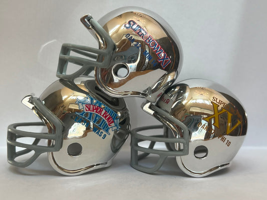 Oakland Raiders Riddell NFL Pocket Pro Helmets Super Bowl XI, XV, and XVIII Championship Chrome (3 Helmets)  WESTBROOKSPORTSCARDS   