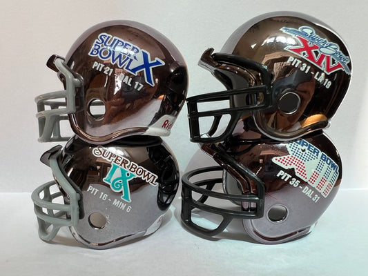 Riddell Pocket Pro and Throwback Pocket Pro mini helmets ( NFL ): Pittsburgh Steelers Super Bowl IX, X, XIII, and XIV Championship Chrome Pocket Pro Helmets (4 Helmets)