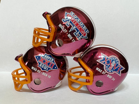 Riddell Pocket Pro and Throwback Pocket Pro mini helmets ( NFL ): Washington Redskins Super Bowl XVII, XXII, and XXVI Championship Chrome Pocket Pro Helmets (3 Helmets)