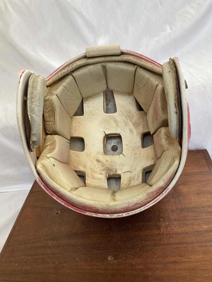 MacGregor 1960s Game Used White Football Helmet NOT Clear Shell Leather Jaw Pads WESTBROOKSPORTSCARDS