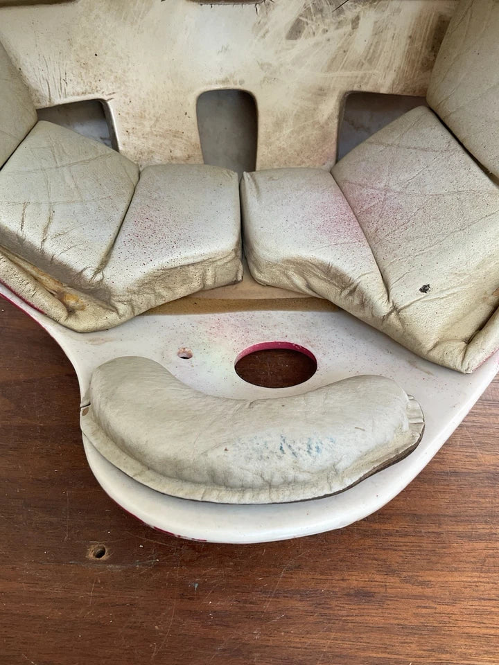 MacGregor 1960s Game Used White Football Helmet NOT Clear Shell Leather Jaw Pads WESTBROOKSPORTSCARDS