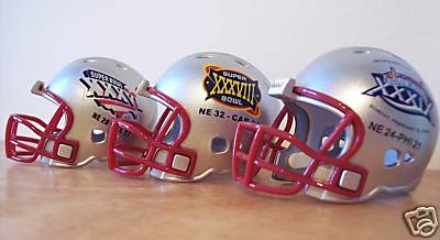 Riddell Pocket Pro and Throwback Pocket Pro mini helmets ( NFL ): New England Patriots Super Bowl XXXVI, XXXVIII, and XXXIX Championship Pocket Pro Helmets (3 Helmets)