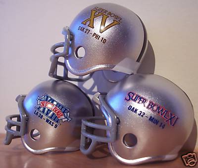 Oakland Raiders Riddell NFL Pocket Pro Helmets Super Bowl XI, XV, and XVIII Championship (3 Helmets)  WESTBROOKSPORTSCARDS