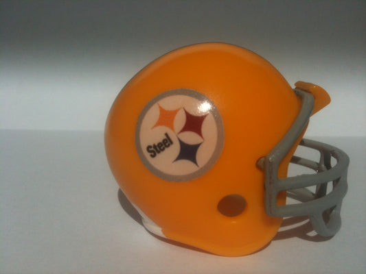 Riddell Pocket Pro and Throwback Pocket Pro mini helmets ( NFL ): Pittsburgh Steelers 1962 Custom Throwback Pocket Pro Helmet (Gold Helmet Grey Mask "Steel" Logo)