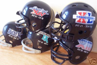 Riddell Pocket Pro and Throwback Pocket Pro mini helmets ( NFL ): Pittsburgh Steelers Super Bowl IX, X, XIII, XIV, and XL Championship Pocket Pro Helmets (5 Helmets)